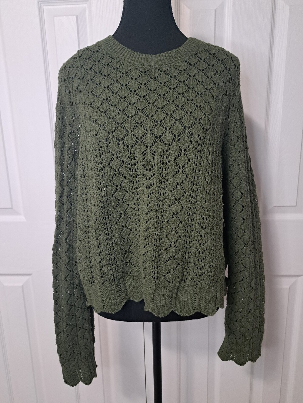 Only Olive Green Open Knit Crewneck Sweater Womens Size XL Boho Country